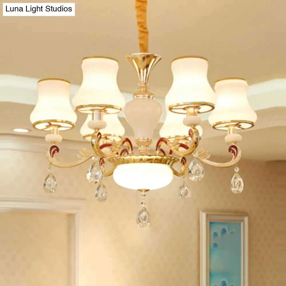 Traditional Living Room Chandelier With Crystal Draping - White Glass Bud Ceiling Lighting