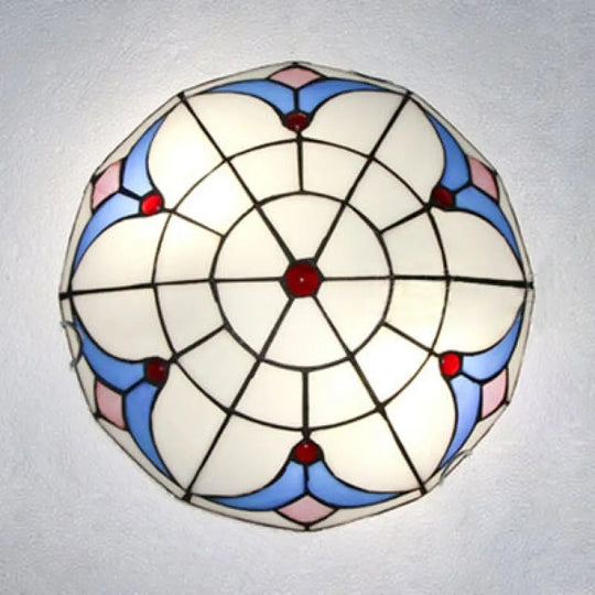 Traditional Loft Stained Glass Flush Mount Ceiling Light In Blue And White Blue-White / 12’