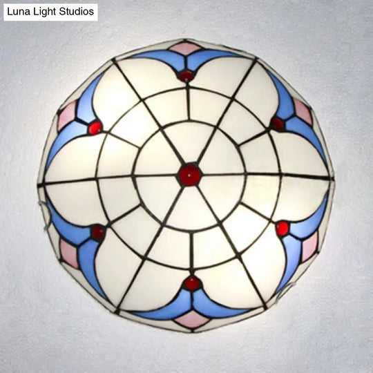 Traditional Loft Stained Glass Flush Mount Ceiling Light In Blue And White Blue-White / 12
