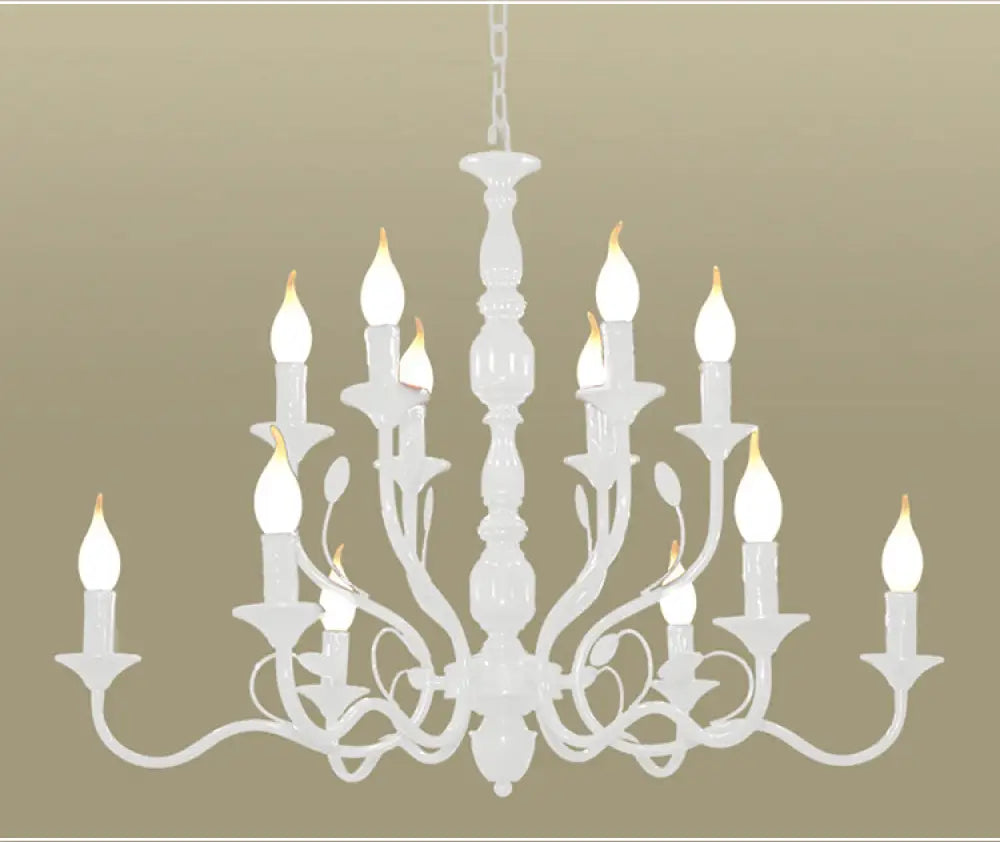 Traditional Metal 2-Tier Candle Chandelier - 10/12/16 Heads White Pendant Lamp For Living Room