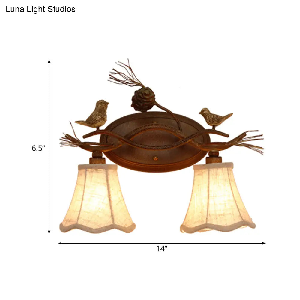 Traditional Metal Bedroom Sconce Lamp With Rust Scalloped Design White Fabric Shade And 2/3 Lights