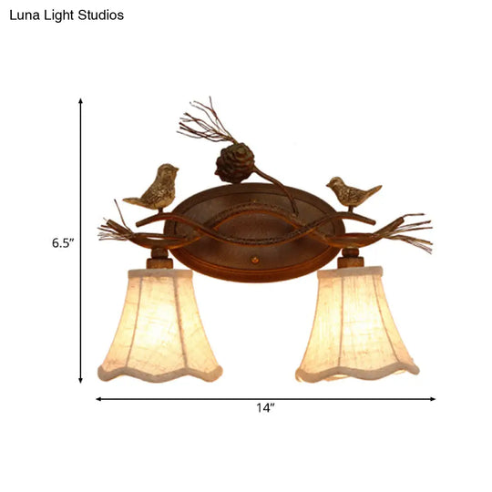 Traditional Metal Bedroom Sconce Lamp With Rust Scalloped Design White Fabric Shade And 2/3 Lights