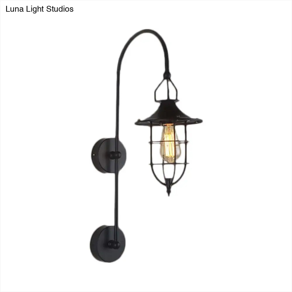 Traditional Metal Caged Wall Sconce In Black - 1 Light Living Room Lighting Fixture