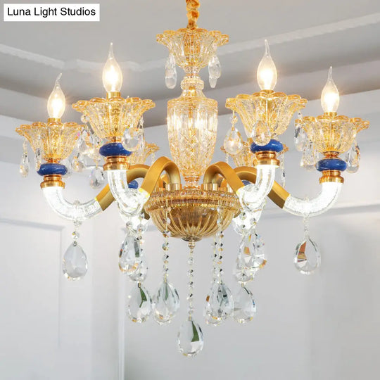 Traditional Metal Candelabra Chandelier - 6 Heads Brass Suspension Pendant With Amber Crystal Accent