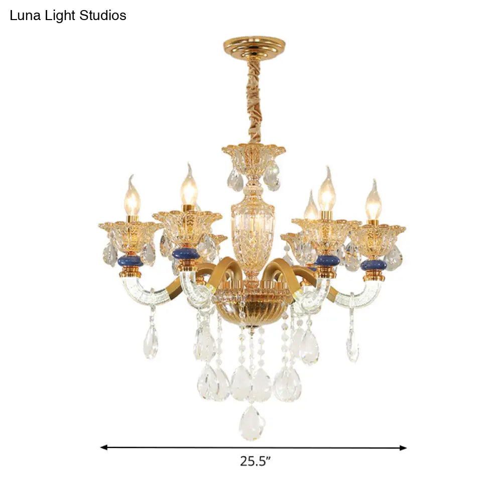 Traditional Metal Candelabra Chandelier - 6 Heads Brass Suspension Pendant With Amber Crystal Accent