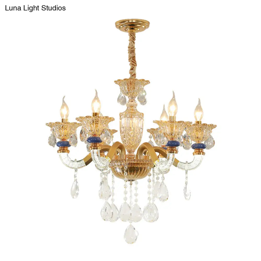 Traditional Metal Candelabra Chandelier - 6 Heads Brass Suspension Pendant With Amber Crystal Accent