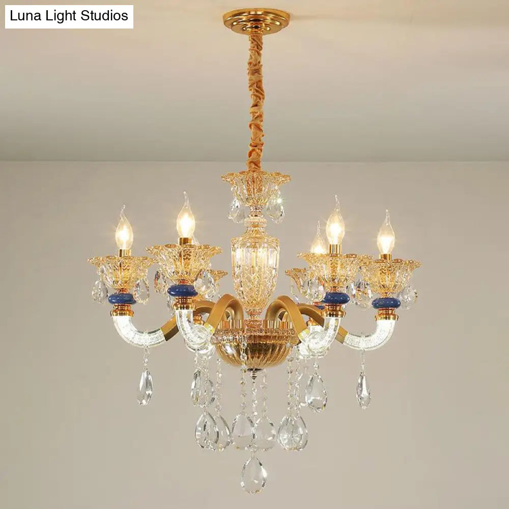 Traditional Metal Candelabra Chandelier - 6 Heads Brass Suspension Pendant With Amber Crystal Accent