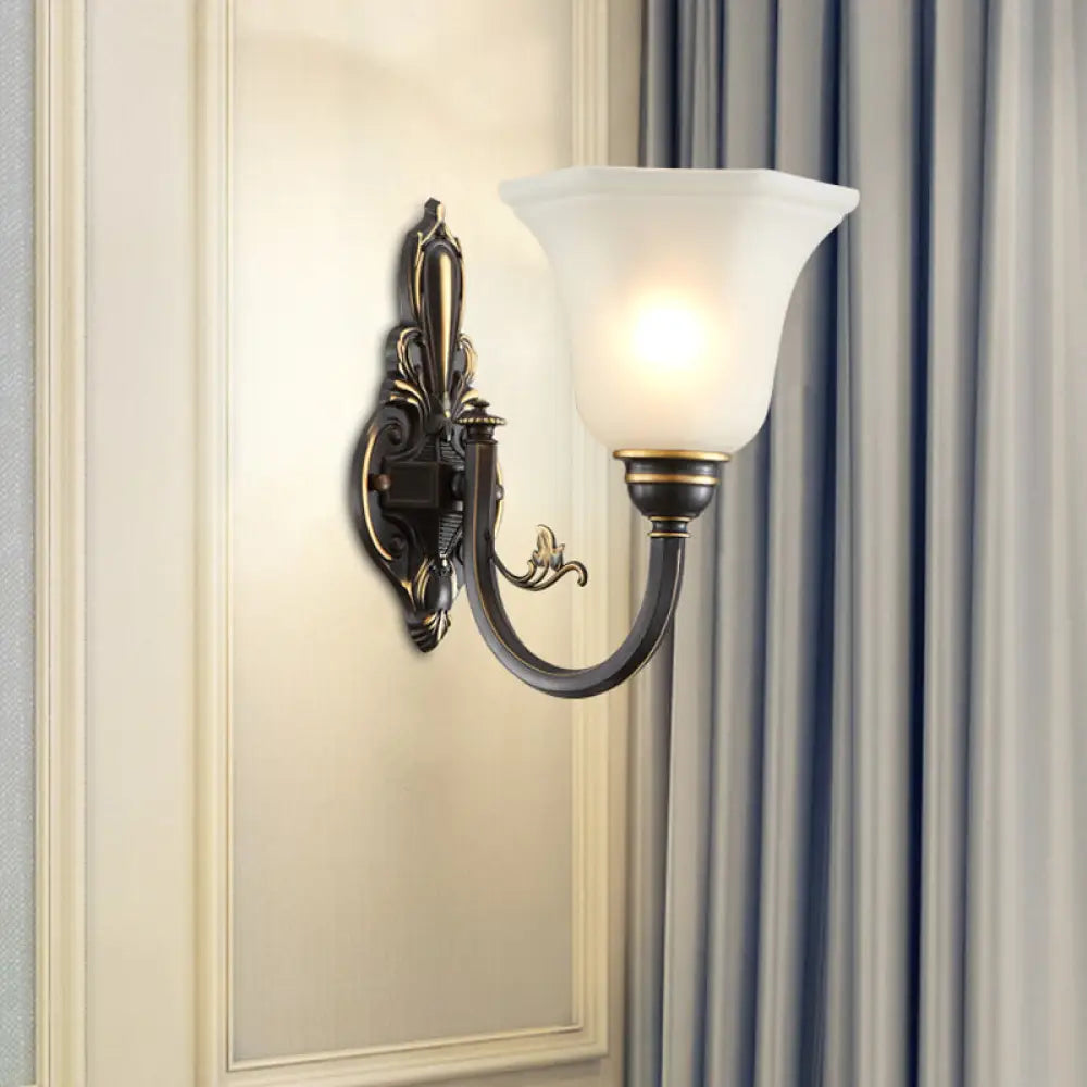 Traditional Metal Curved Arm Wall Lamp With Frosted Glass Shade 1 / Black-Gold