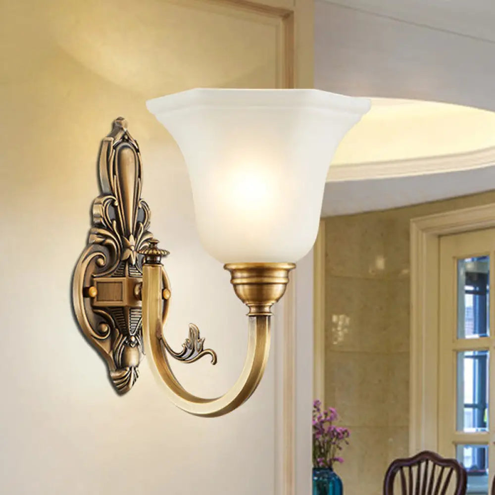 Traditional Metal Curved Arm Wall Lamp With Frosted Glass Shade 1 / Brass