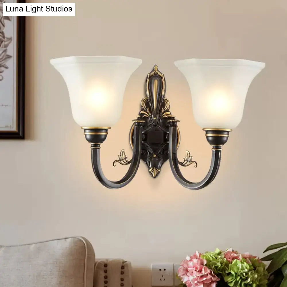 Traditional Metal Curved Arm Wall Lamp With Frosted Glass Shade