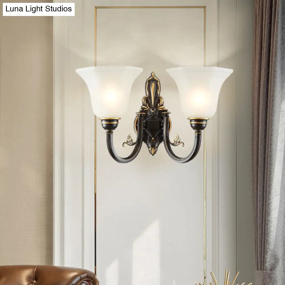 Traditional Metal Curved Arm Wall Lamp With Frosted Glass Shade