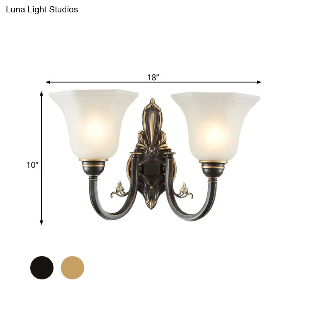 Traditional Metal Curved Arm Wall Lamp With Frosted Glass Shade