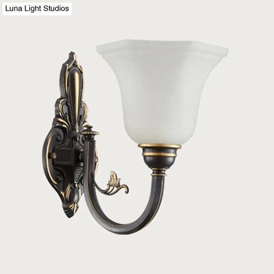 Traditional Metal Curved Arm Wall Lamp With Frosted Glass Shade