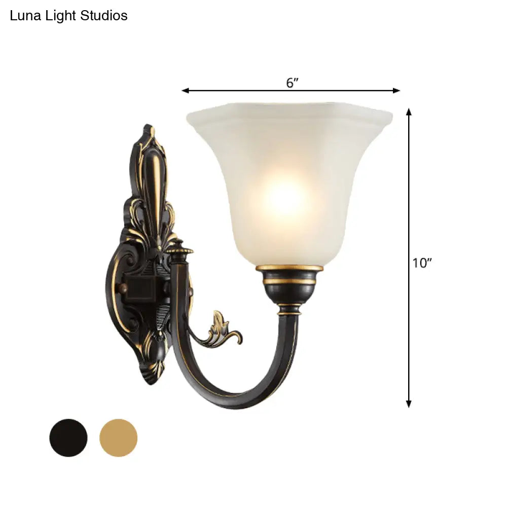 Traditional Metal Curved Arm Wall Lamp With Frosted Glass Shade