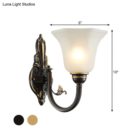 Traditional Metal Curved Arm Wall Lamp With Frosted Glass Shade