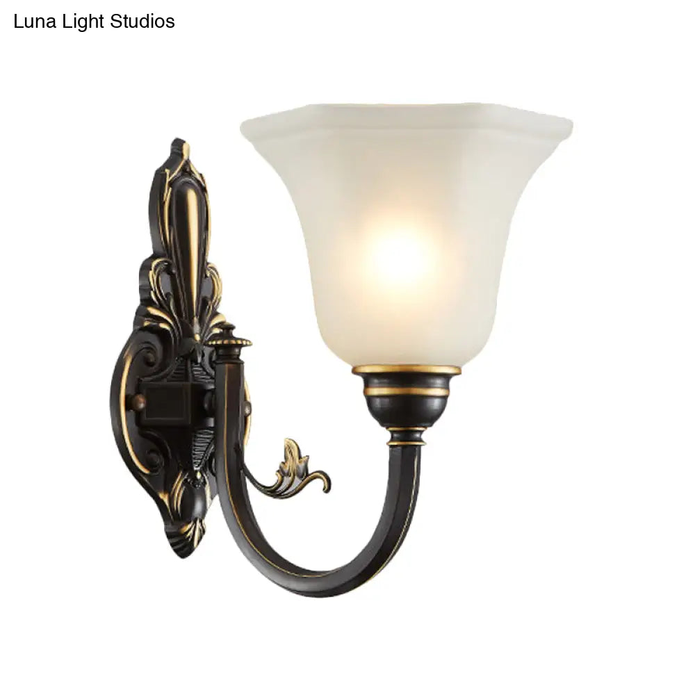 Traditional Metal Curved Arm Wall Lamp With Frosted Glass Shade