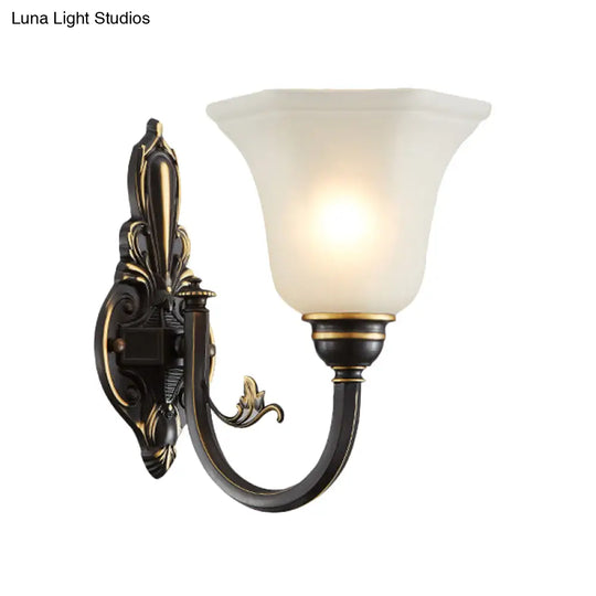 Traditional Metal Curved Arm Wall Lamp With Frosted Glass Shade