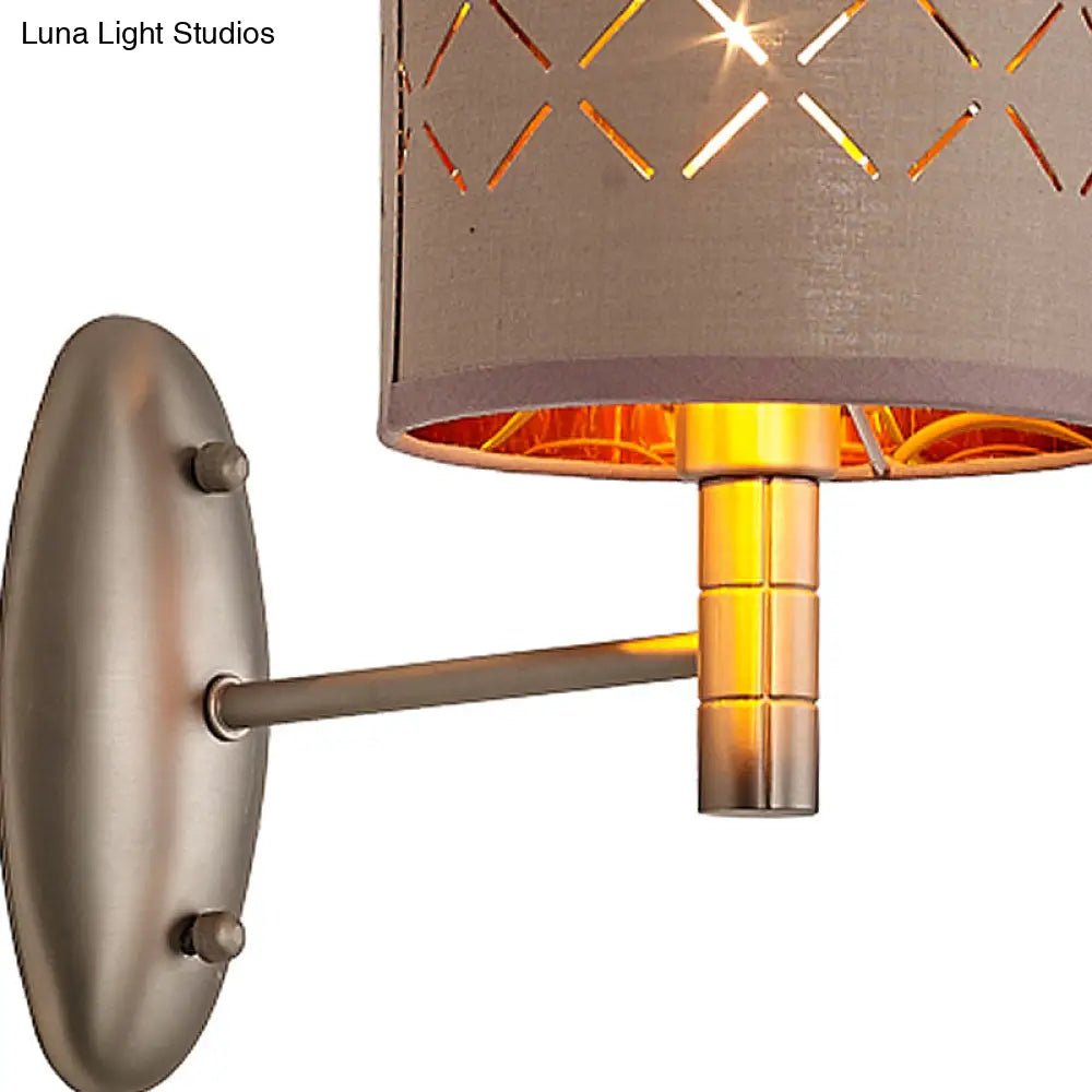 Traditional Metal Cylindrical Wall Lamp With Fabric Shade - Bedroom Light Fixture Single Bulb Coffee