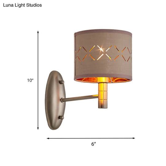 Traditional Metal Cylindrical Wall Lamp With Fabric Shade - Bedroom Light Fixture Single Bulb Coffee