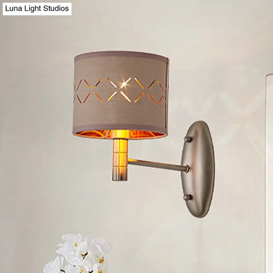 Traditional Metal Cylindrical Wall Lamp With Fabric Shade - Bedroom Light Fixture Single Bulb Coffee