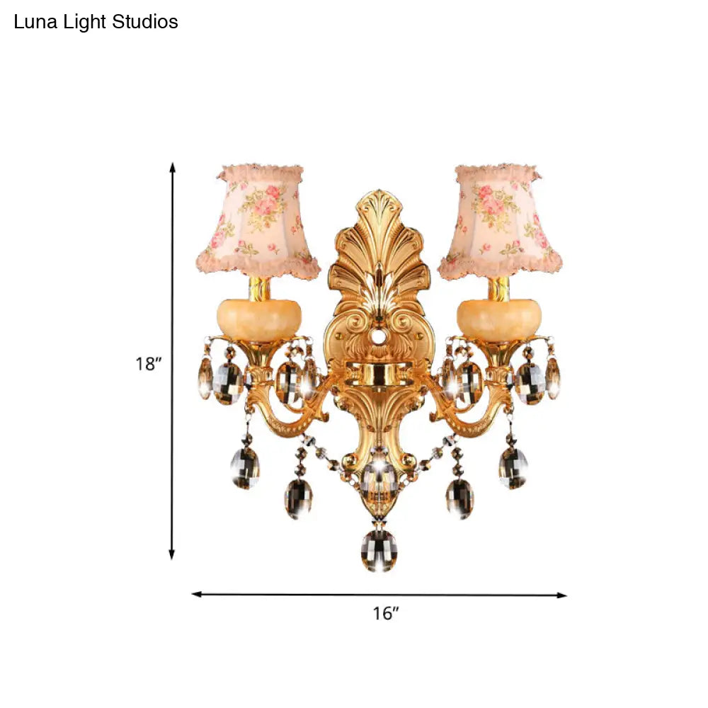 Traditional Metal Double Arm Sconce Light Fixture With Crystal Drop And Fabric Shade - Golden Wall