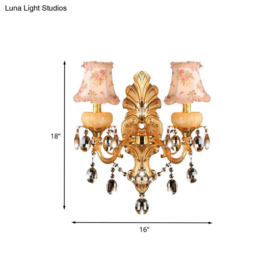 Traditional Metal Double Arm Sconce Light Fixture With Crystal Drop And Fabric Shade - Golden Wall