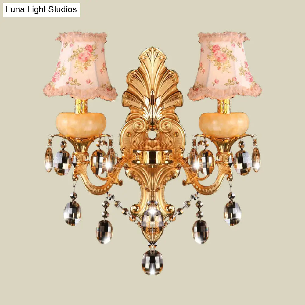 Traditional Metal Double Arm Sconce Light Fixture With Crystal Drop And Fabric Shade - Golden Wall