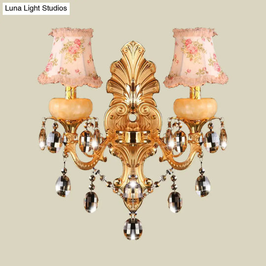 Traditional Metal Double Arm Sconce Light Fixture With Crystal Drop And Fabric Shade - Golden Wall