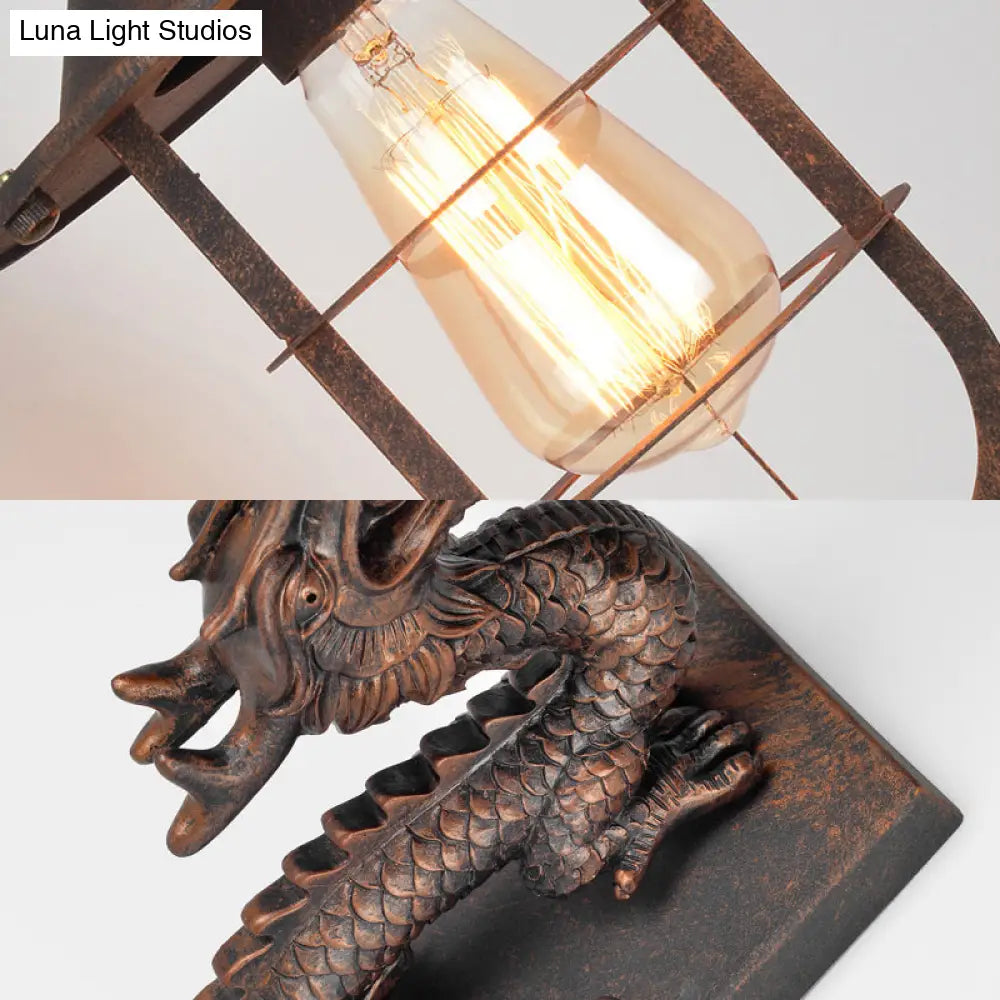 Traditional Metal Dragon Sconce: Caged Coffee Shop Wall Light Fixture With Rustic Charm