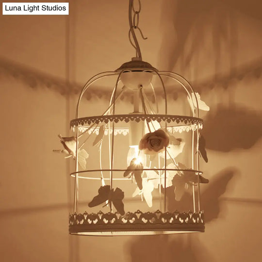 Traditional Metal Hanging Ceiling Light - White Bird Cage Bedroom Pendant