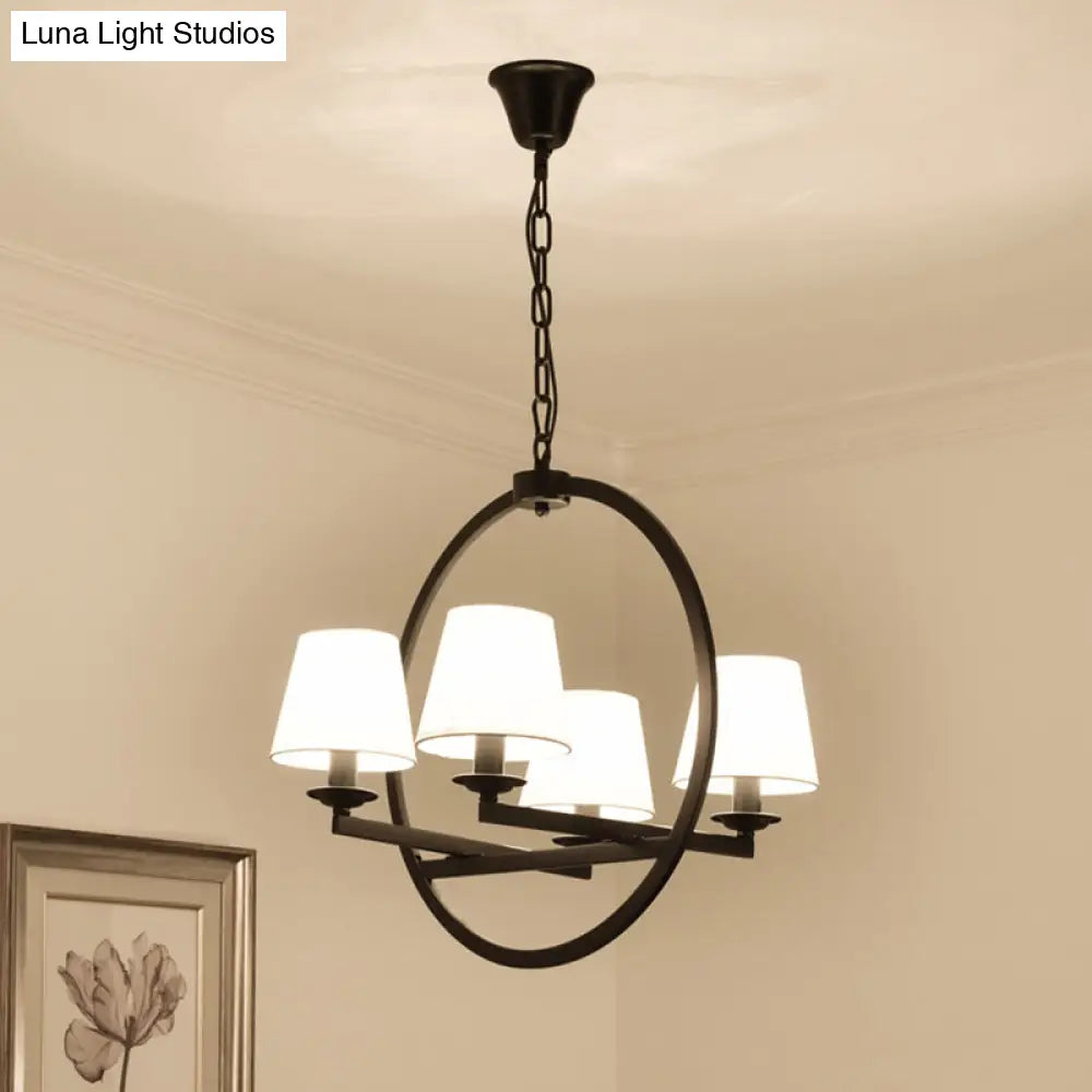 Traditional Metal Hanging Chandelier With White Cone Design And Fabric Shade - 4 Lights Pendant