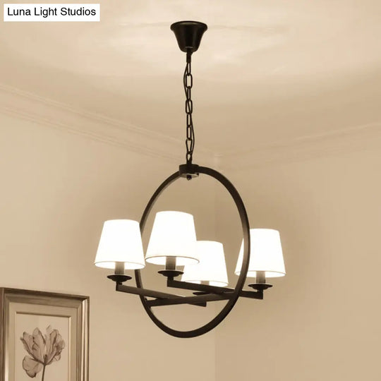 Traditional Metal Hanging Chandelier With White Cone Design And Fabric Shade - 4 Lights Pendant