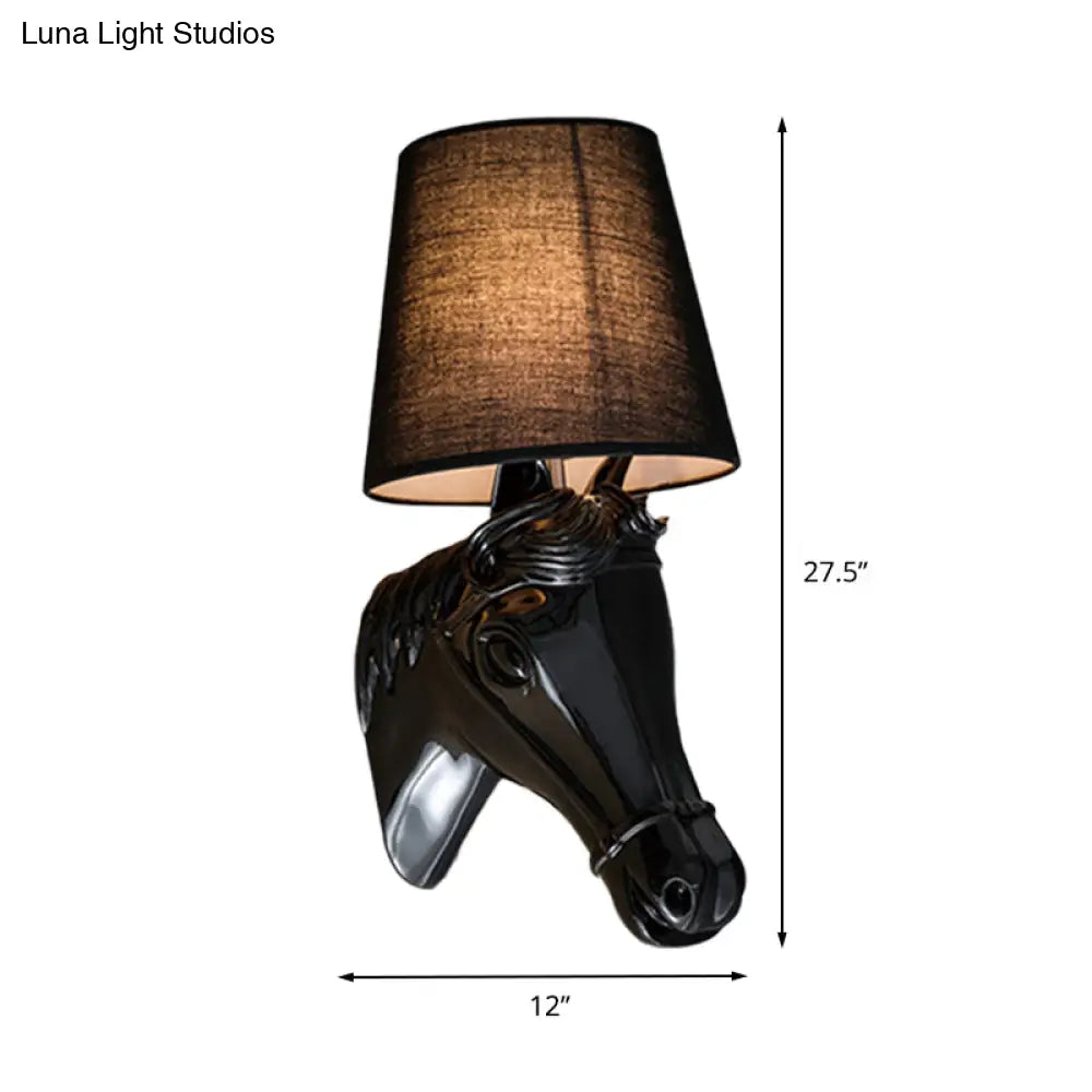 Traditional Metal Horse Head Sconce - 1-Light Bedroom Wall Lamp Black/White Fabric Shade 8.5/12