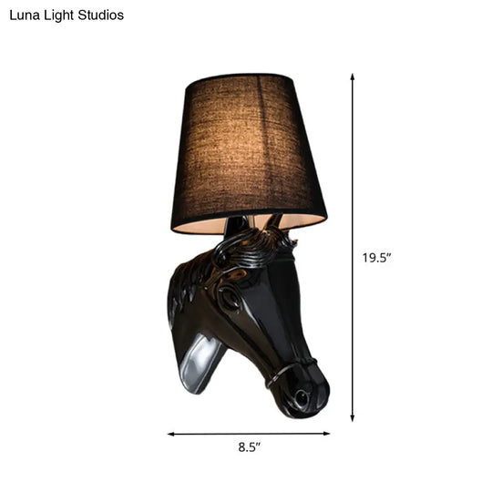 Traditional Metal Horse Head Sconce - 1-Light Bedroom Wall Lamp Black/White Fabric Shade 8.5/12