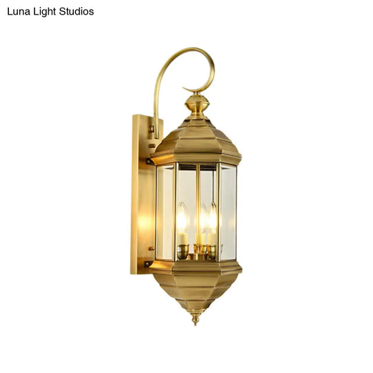 Traditional Metal Lantern Wall Mounted Lamp With Clear Glass Shade Brass Finish - 6/8 W 1/3-Light