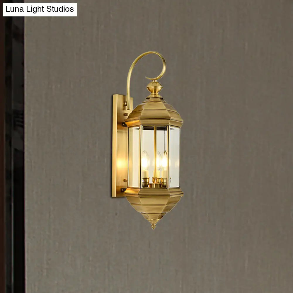 Traditional Metal Lantern Wall Mounted Lamp With Clear Glass Shade Brass Finish - 6/8 W 1/3-Light