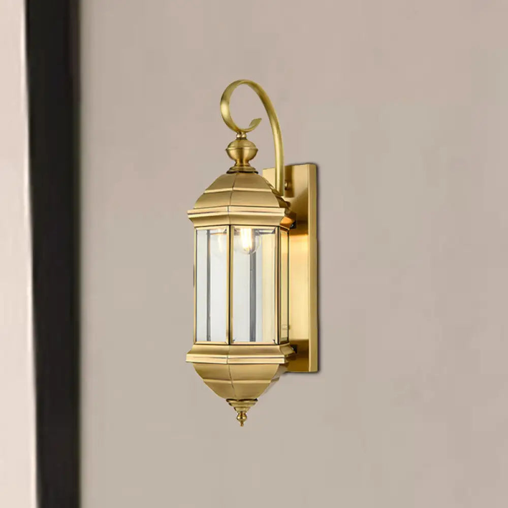 Traditional Metal Lantern Wall Mounted Lamp With Clear Glass Shade Brass Finish - 6/8 W 1/3-Light