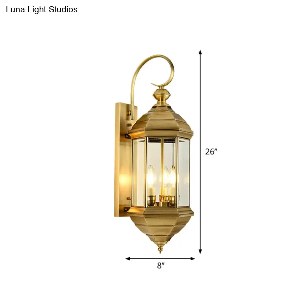 Traditional Metal Lantern Wall Mounted Lamp With Clear Glass Shade Brass Finish - 6/8 W 1/3-Light