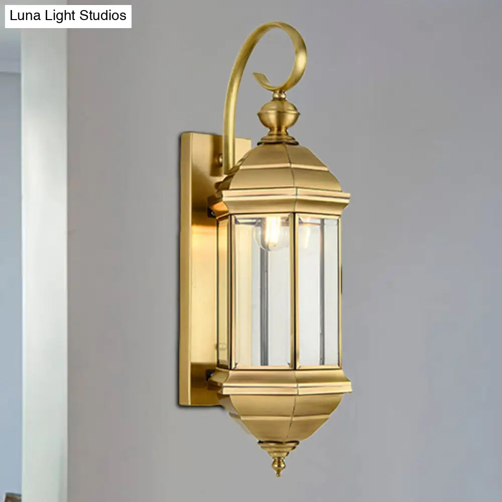 Traditional Metal Lantern Wall Mounted Lamp With Clear Glass Shade Brass Finish - 6/8 W 1/3-Light