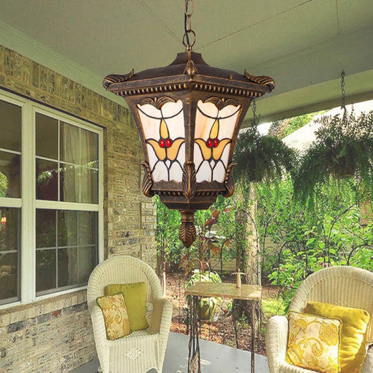 Traditional Metal Pendant Lamp With Rust/Bronze Finish - 1-Head Ceiling Fixture Flower Pattern