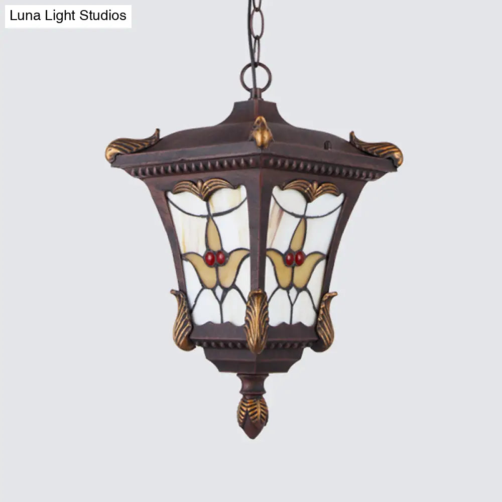 Traditional Metal Pendant Lamp With Rust/Bronze Finish - 1-Head Ceiling Fixture Flower Pattern