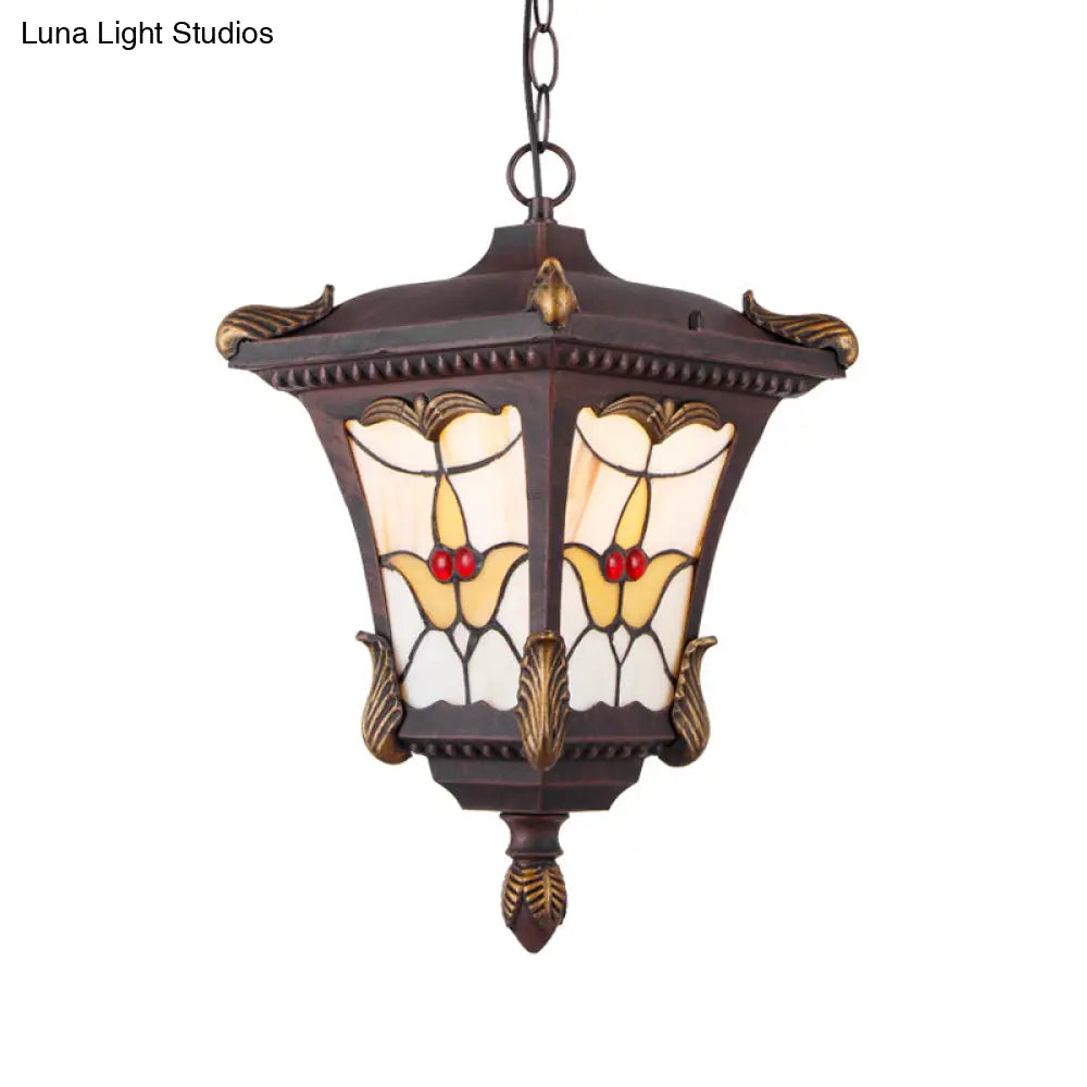 Traditional Metal Pendant Lamp With Rust/Bronze Finish - 1-Head Ceiling Fixture Flower Pattern