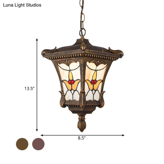 Traditional Metal Pendant Lamp With Rust/Bronze Finish - 1-Head Ceiling Fixture Flower Pattern