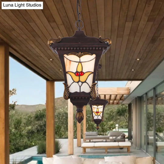 Traditional Metal Pendant Lamp With Rust/Bronze Finish - 1-Head Ceiling Fixture Flower Pattern