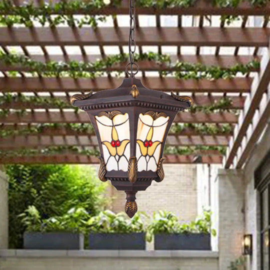 Traditional Metal Pendant Lamp With Rust/Bronze Finish - 1-Head Ceiling Fixture Flower Pattern