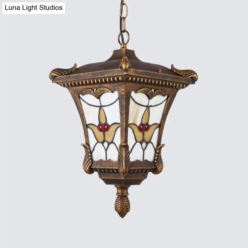 Traditional Metal Pendant Lamp With Rust/Bronze Finish - 1-Head Ceiling Fixture Flower Pattern