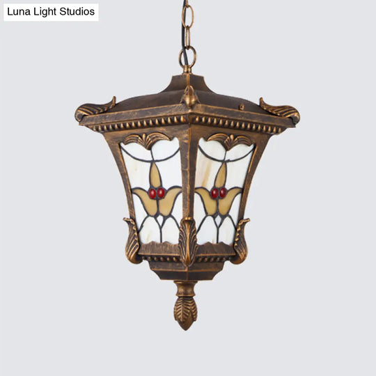 Traditional Metal Pendant Lamp With Rust/Bronze Finish - 1-Head Ceiling Fixture Flower Pattern