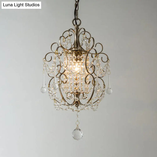 Traditional Metal Pendant Light Kit With Scrolled Frame Crystal Droplet And 1