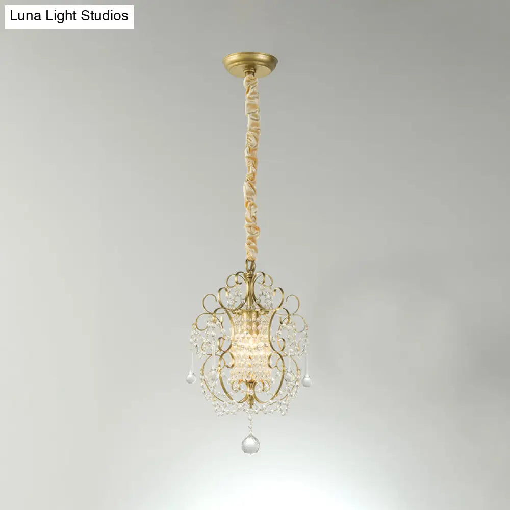 Traditional Metal Pendant Light Kit With Scrolled Frame Crystal Droplet And 1