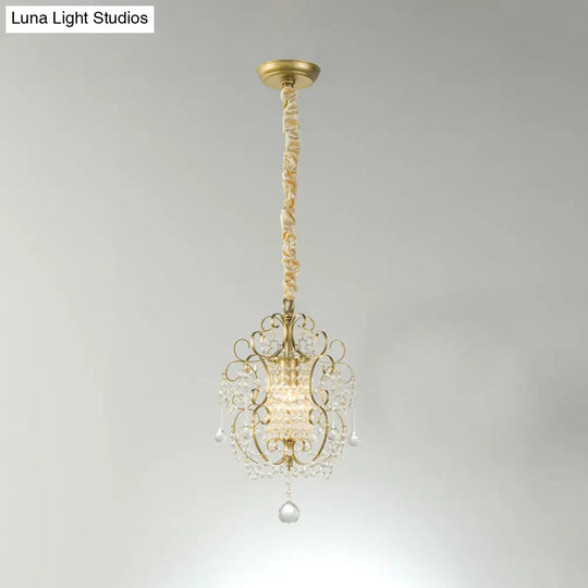 Traditional Metal Pendant Light Kit With Scrolled Frame Crystal Droplet And 1